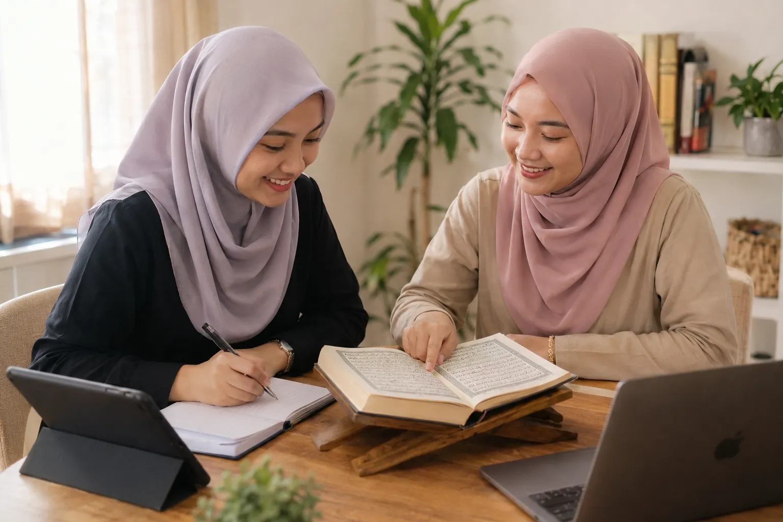 Wanita berhijab sedang belajar mengaji bersama guru secara online
