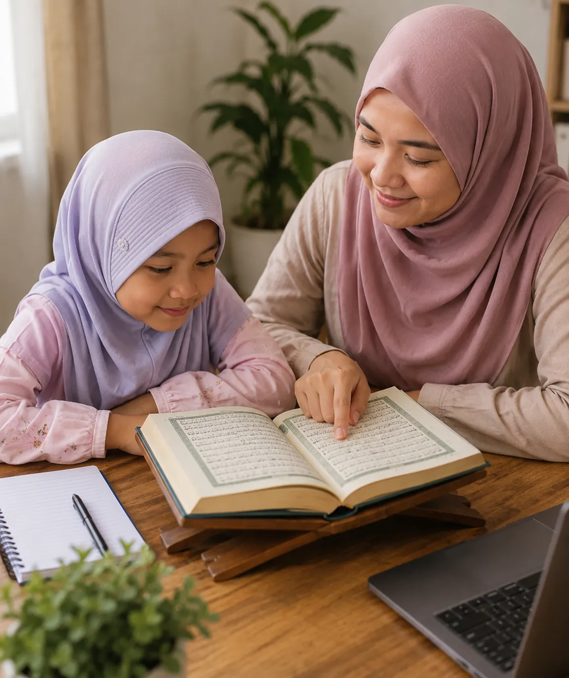 Ibu sedang tunjuk ajar anak mengaji Iqra di rumah