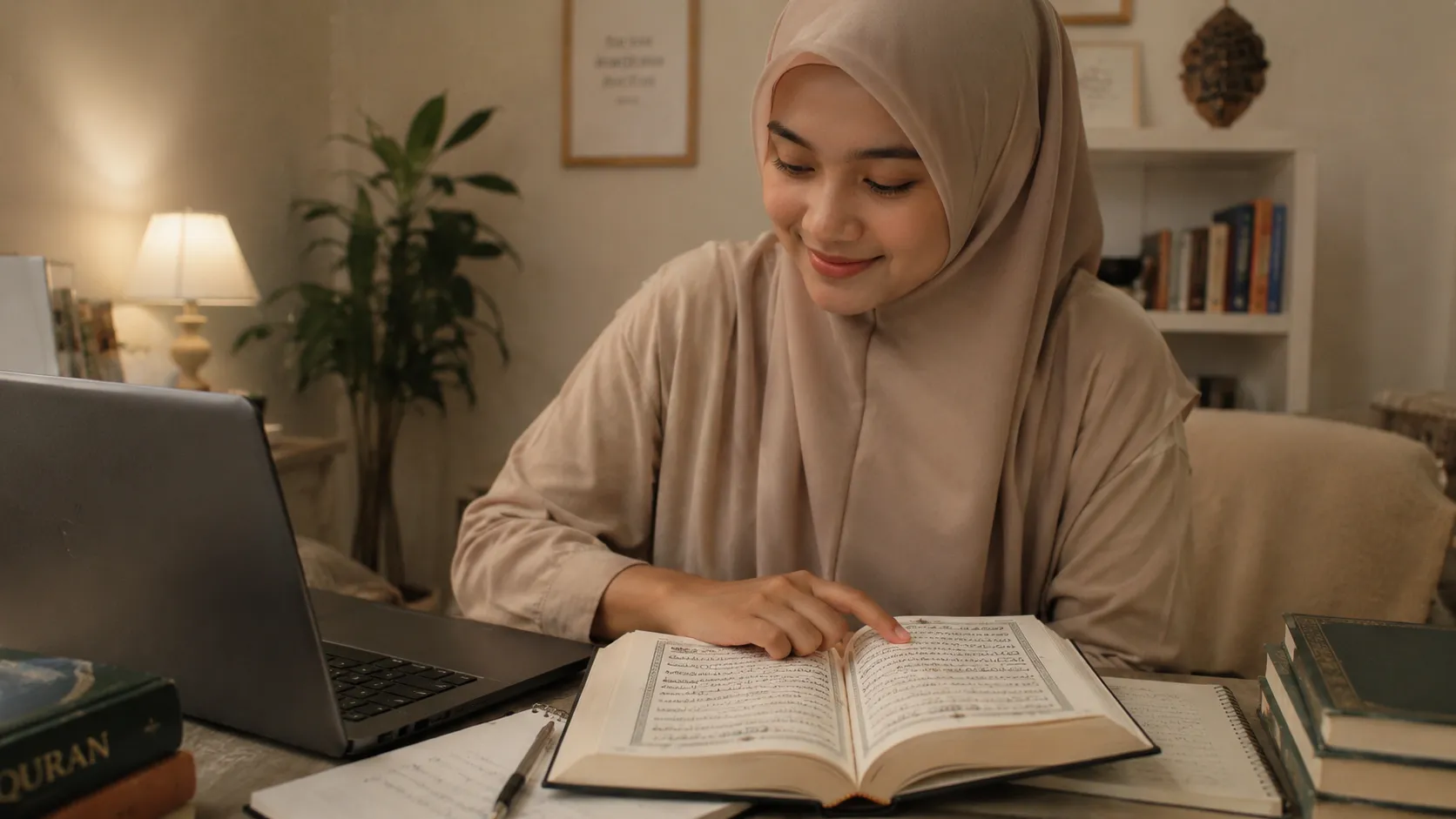 Perempuan berhijab sedang belajar mengaji online bersama guru MengajiOnline